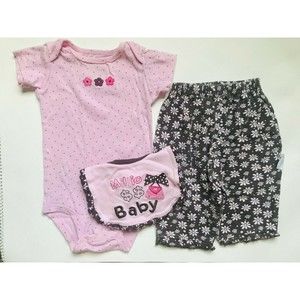 Girl's Size 9M 6-9 Months 3 Piece Pink Floral Carter's Top + Brown Pants & Bib